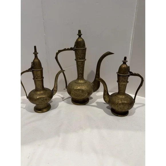 Lot of 3 Antique Brass Middle Eastern Dallah Coffee Tea Pots Turkish Kettle - Picture 3 of 14